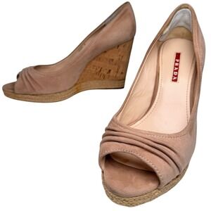 Authentic Prada 3KZ033 Nude Suede Peep Toe Cork Espadrille Wedge Heels 38